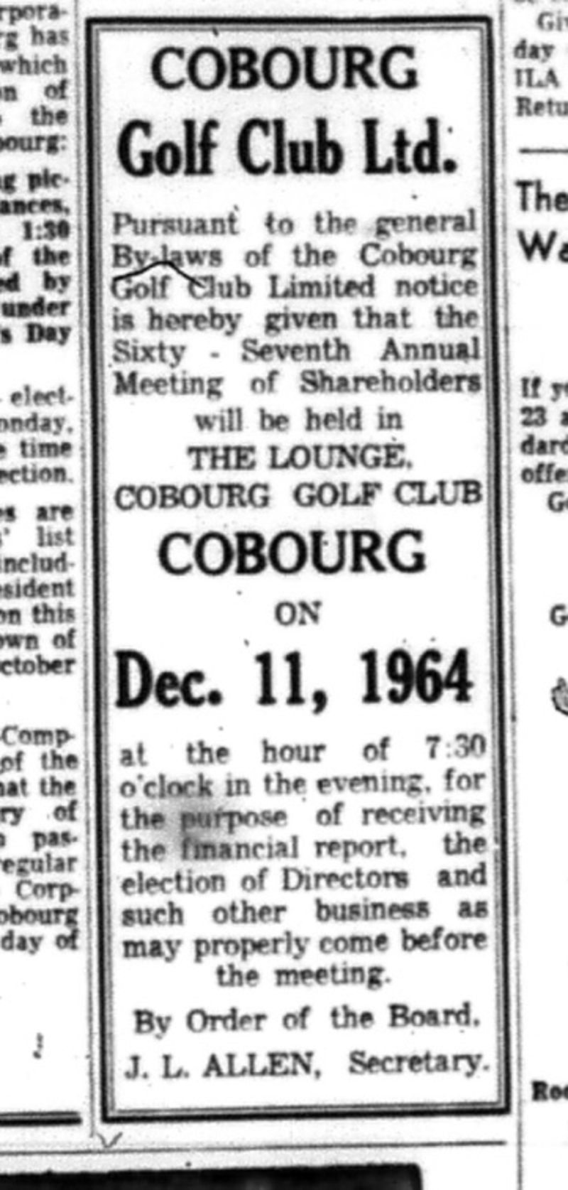 1964-11-25 Golf - Cobourg Golf Club Annual Meeting notice