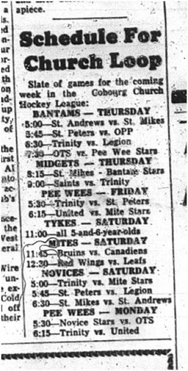 1964-12-02 Hockey - Boys - CCHL - Schedule