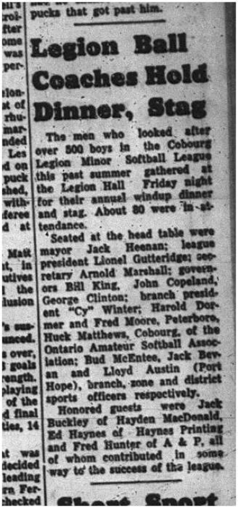 1964-12-02 Softball - Boys - Legion Minor Softball League - Dinner