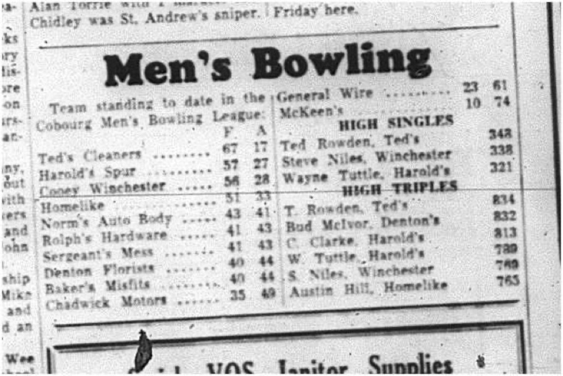1964-12-09 Bowling - Mens - Cobourg Mens Bowling League -Team Standings