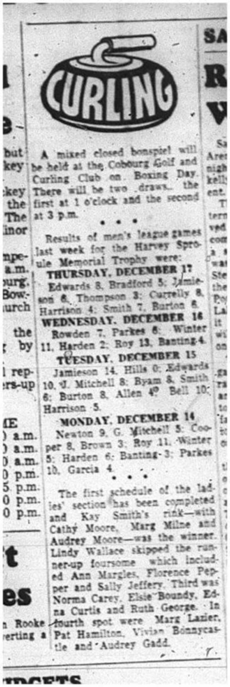 1964-12-23 Curling - Mixed -Cobourg Golf and Curling Club - Mixed Bonspiel