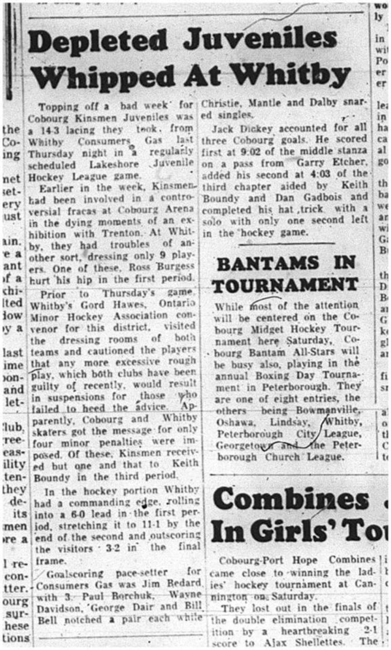 1964-12-23 Hockey - Boys - Lakeshore Intermediate Hockey League - Cobourg Kinsmen Juveniles Vs. Whitby Consumers