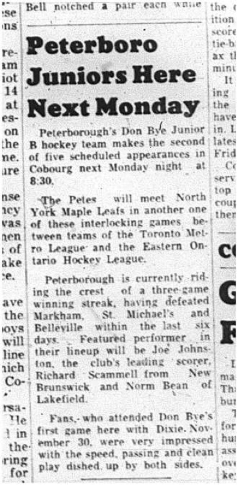 1964-12-23 Hockey - Boys - Peterborough Junior B Vs. North York Maple Leafs - In Cobourg