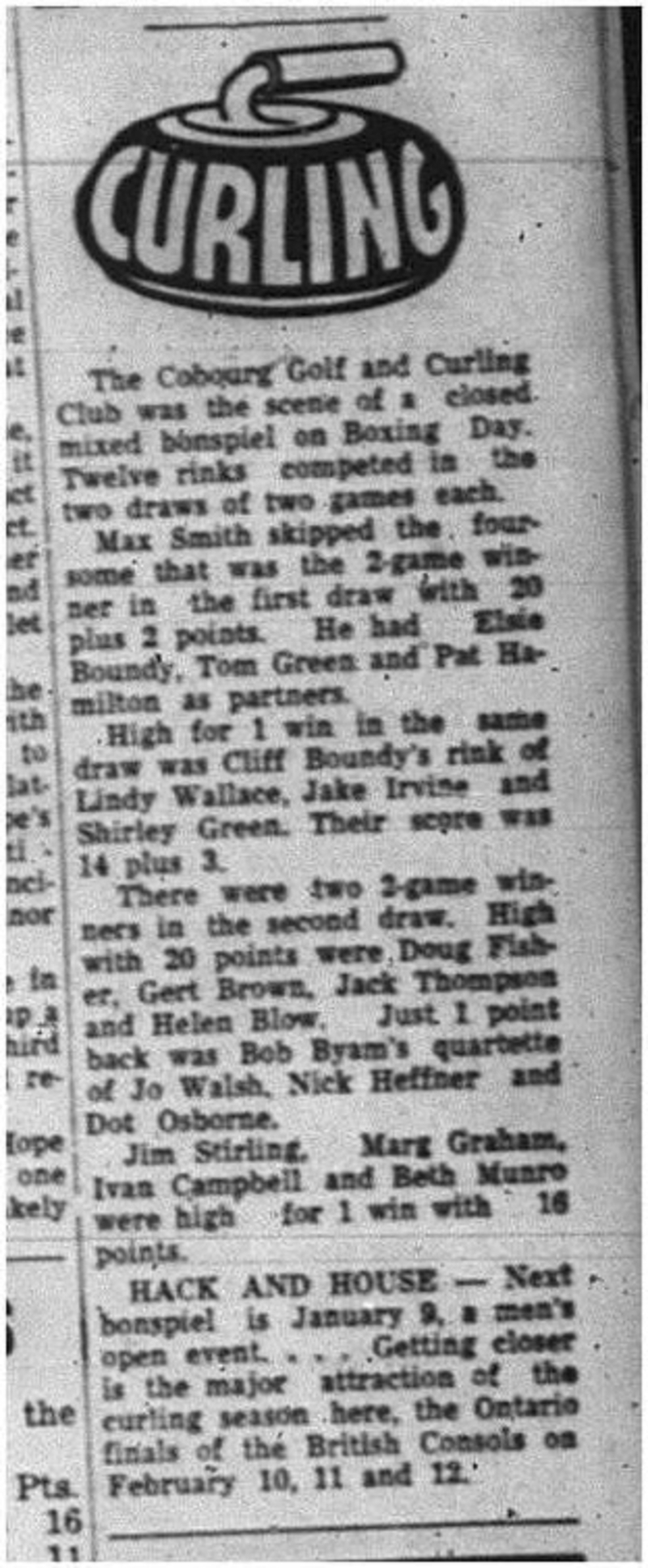 1964-12-30 Curling - Mixed -Cobourg Golf and Curling Club - Mixed Bonspiel