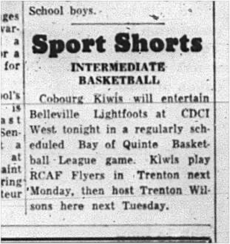 1965-01-20 Basketball - Lakeshore Intermediate League - Cobourg Kiwis Vs. Belleville Lightfoots