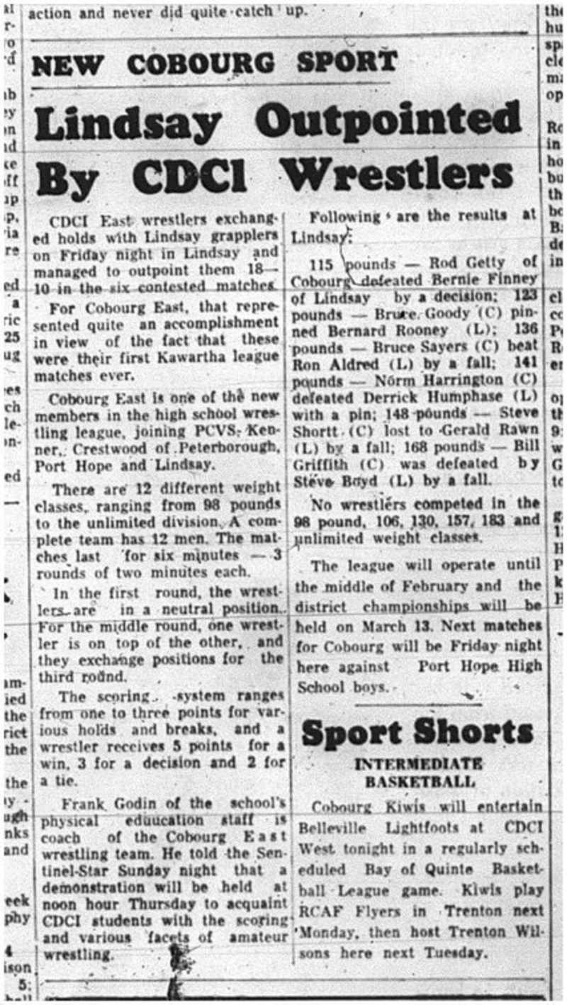 1965-01-20 School - Wrestling - CDCI East - Lindsay