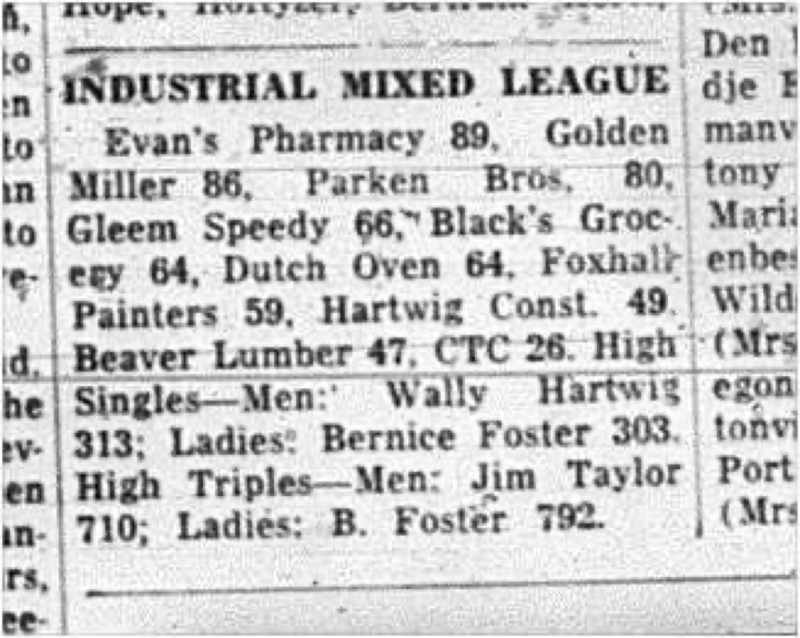 1965-01-27 Bowling - Mixed - Industrial Mixed League