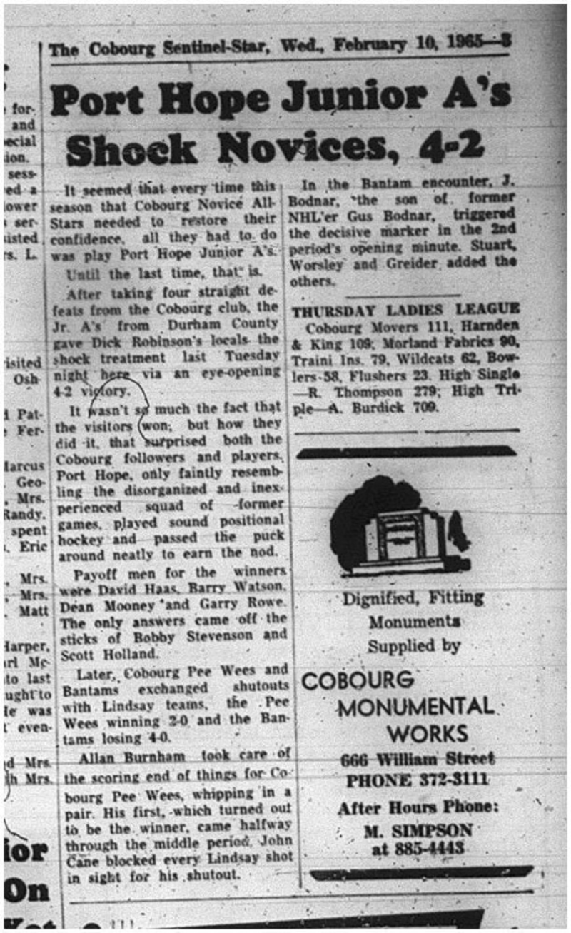 1965-02-10 Hockey - Boys - Cobourg Novice All-Stars Vs. Port Hope Junior A