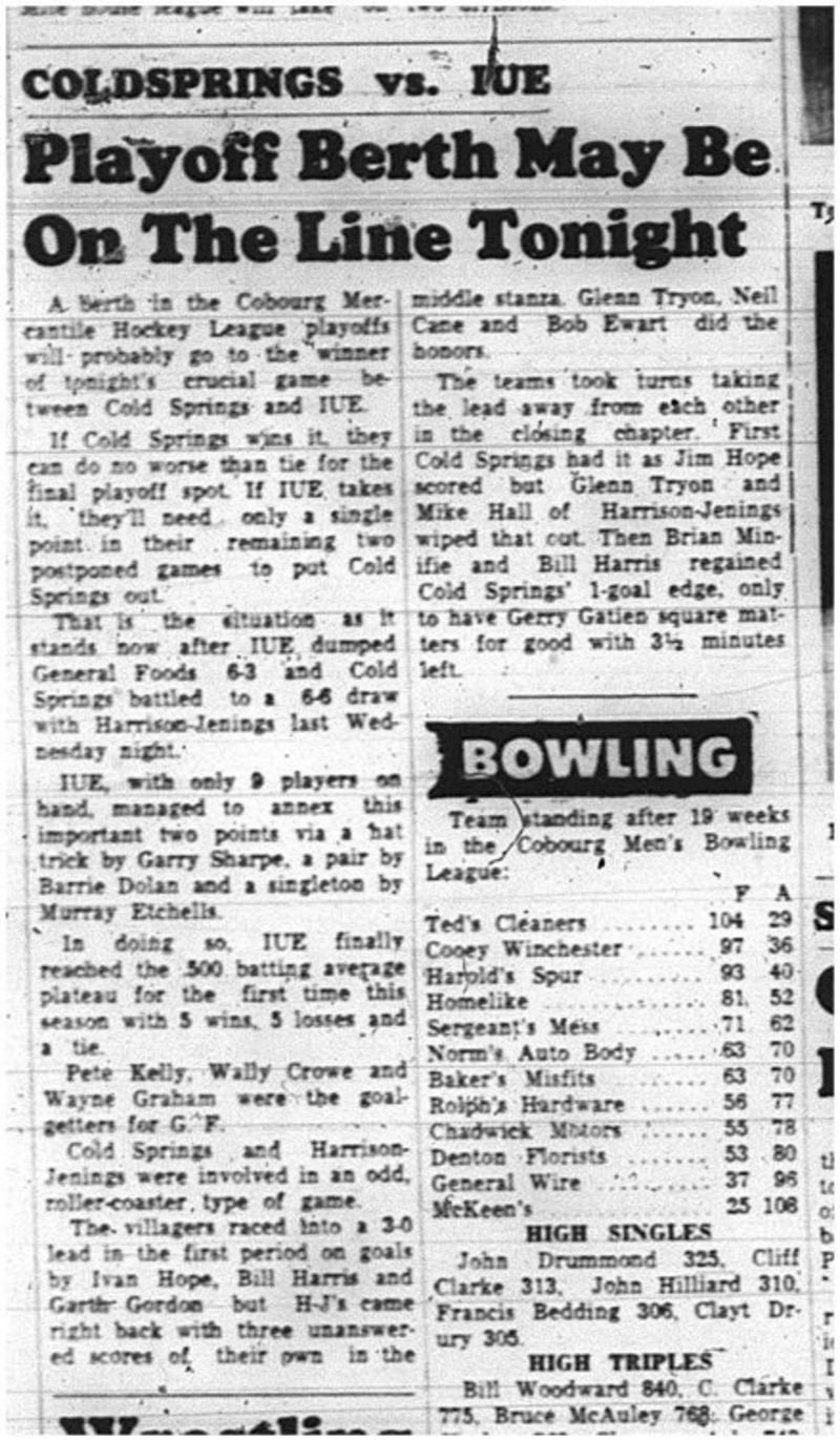 1965-02-10 Hockey - Men - Cobourg Mercantile Hockey League - Coldsprings Vs. IUE