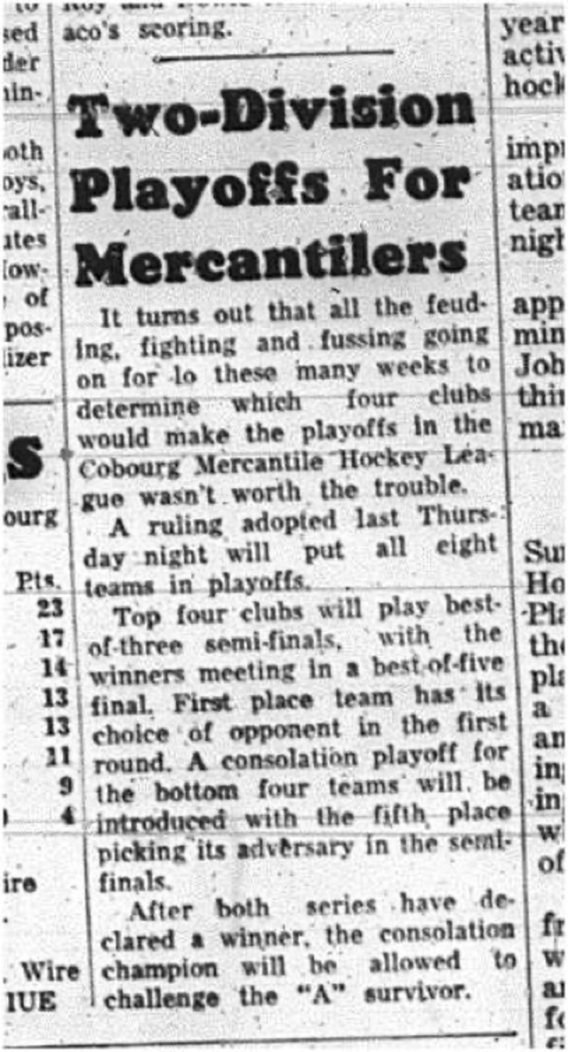 1965-02-17 Hockey - Men - Cobourg Mercantile Hockey League -  Division Playoffs