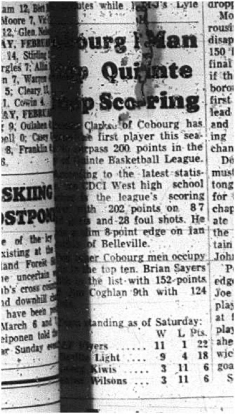 1965-02-24 Basketball -Men -Bay of Quinte Basketball League - Standings