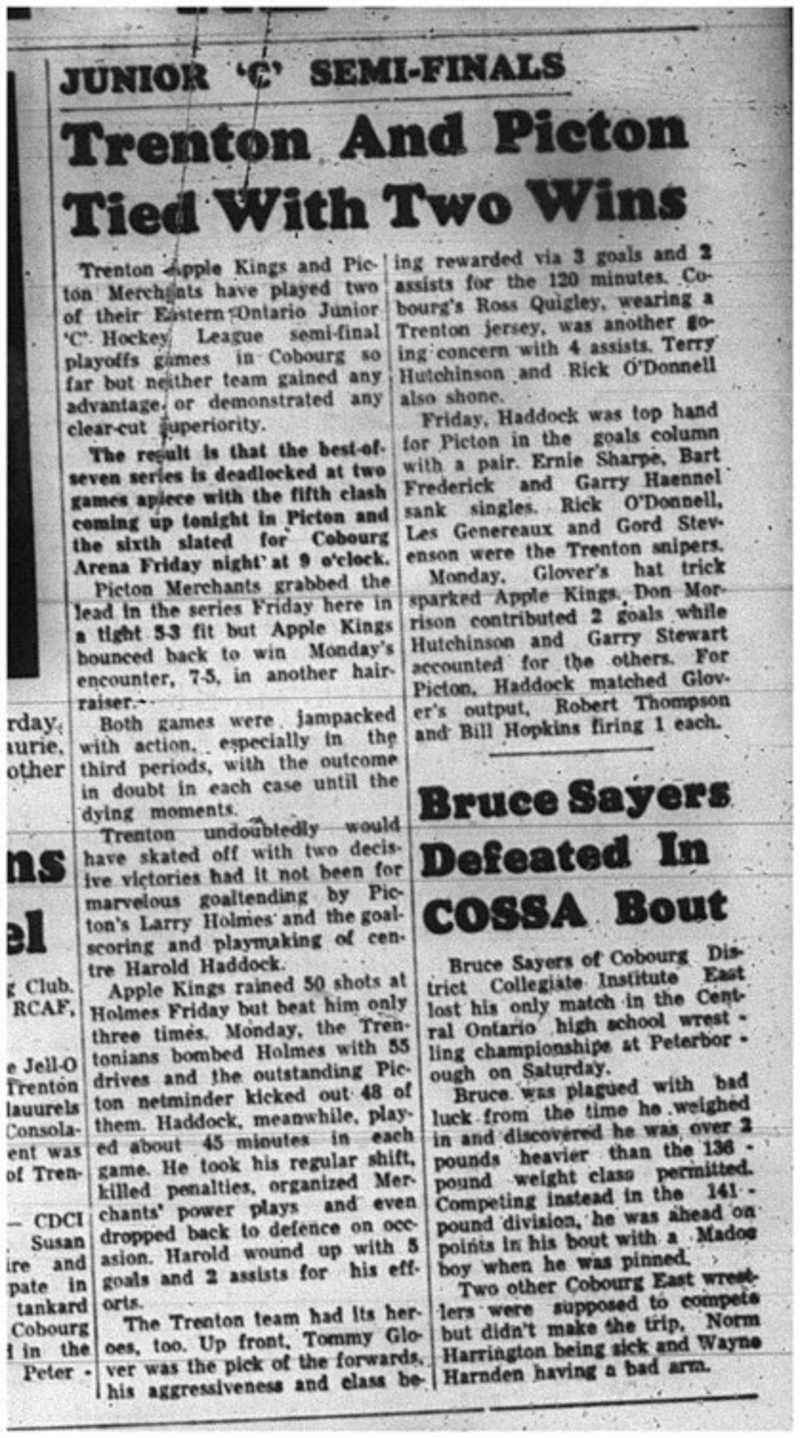 1965-03-03 Hockey - Boys - Trenton Apple Kings Vs. Picton - Junior C Playoffs - Cobourg Arena