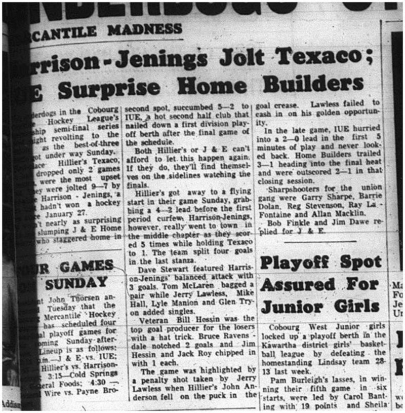 1965-03-03 Hockey - Men - Cobourg Mercantile Hockey League - HJ_s Vs. Texaco - IUE Vs. Home Builders