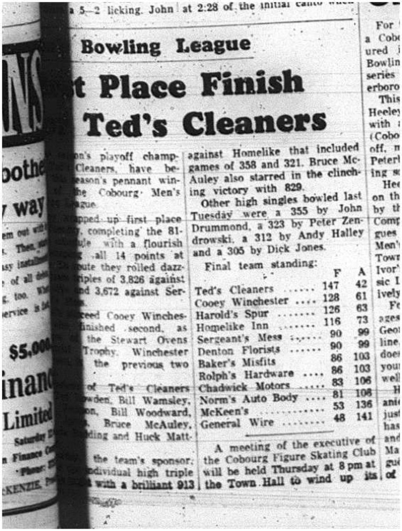 1965-03-24 Bowling - Men - Cobourg Mens Bowling League -Ted_s Cleaners - Team Standings