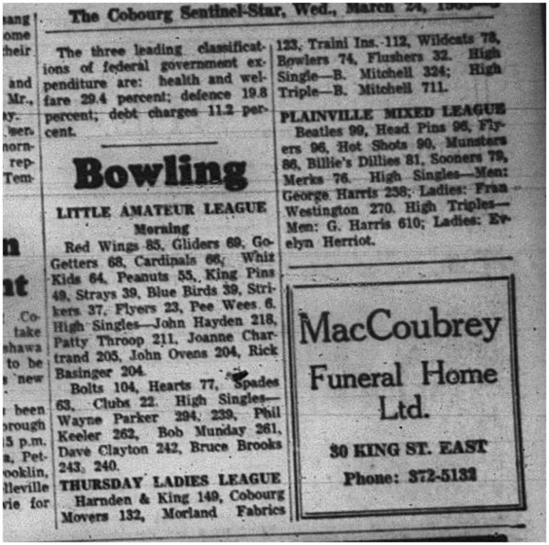 1965-03-24 Bowling - Mixed - Cobourg Bowling Lanes - Little Amateur League