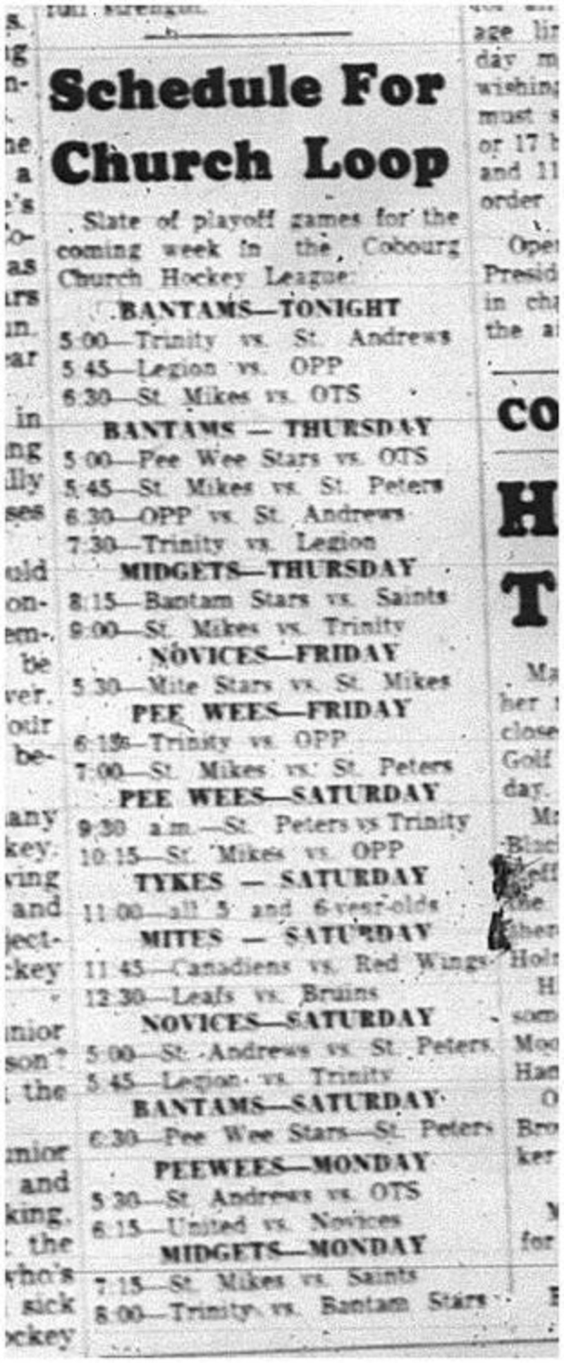 1965-03-24 Hockey - Boys - CCHL  - Schedule