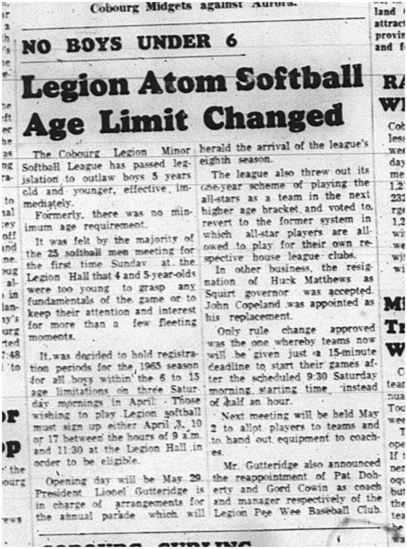 1965-03-24 Softball - Boys - Cobourg Legion Minor Softball League - Age Limit