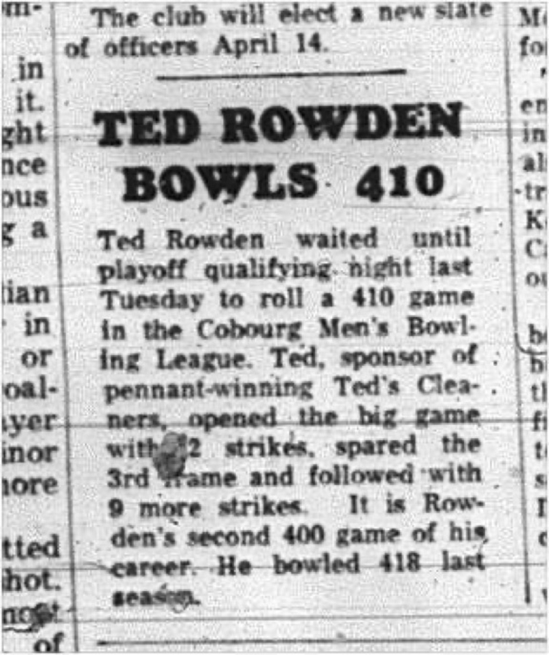 1965-03-31 Bowling - Men - Cobourg Mens Bowling League -Ted Rowden