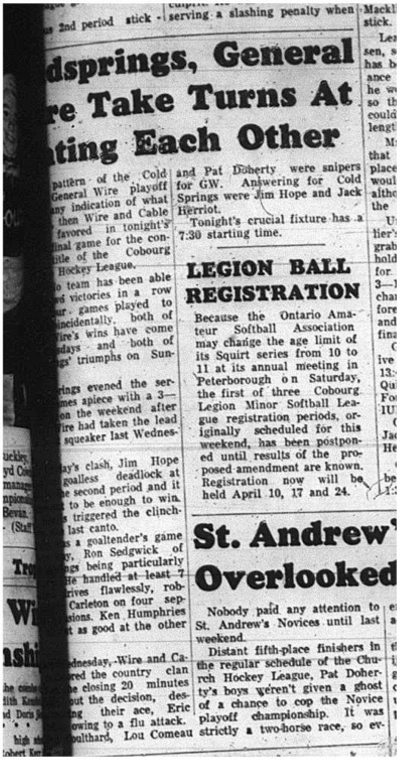 1965-03-31 Hockey - Men - Cobourg Mercantile Hockey League - Coldsprings Vs. General Wire
