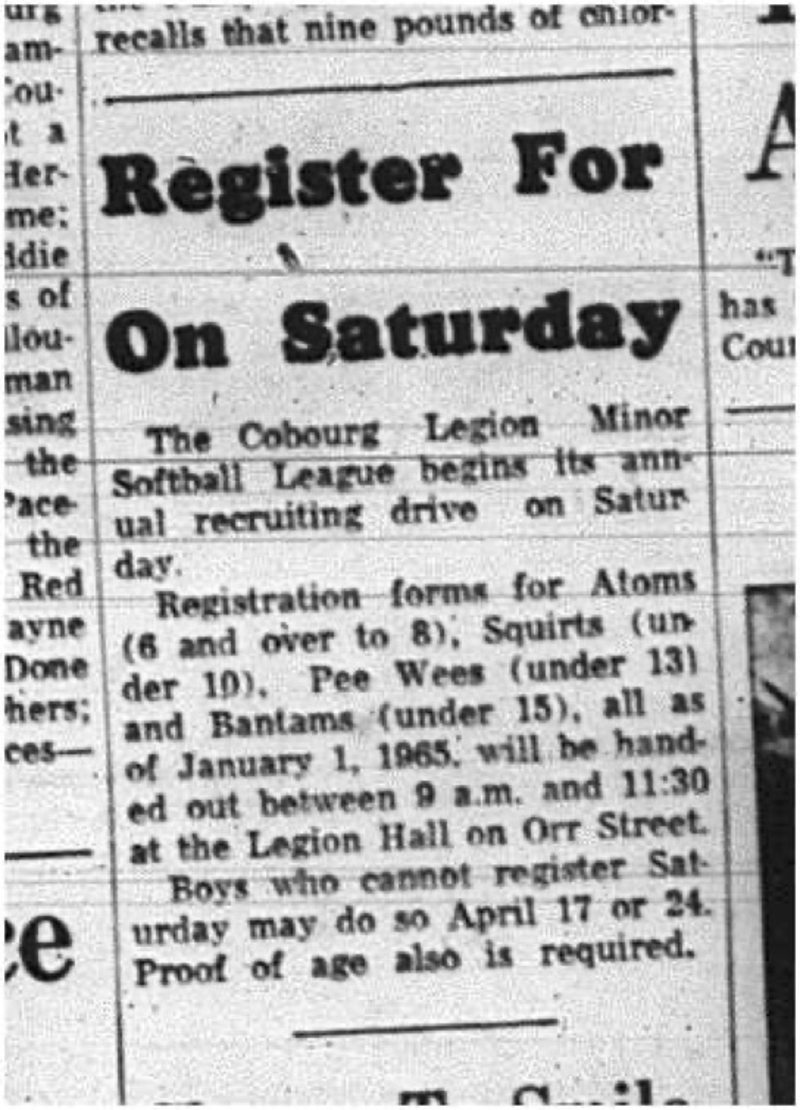 1965-03-31 Softball - Boys - Cobourg Legion Minor Softball League - Annual Recruting Drive