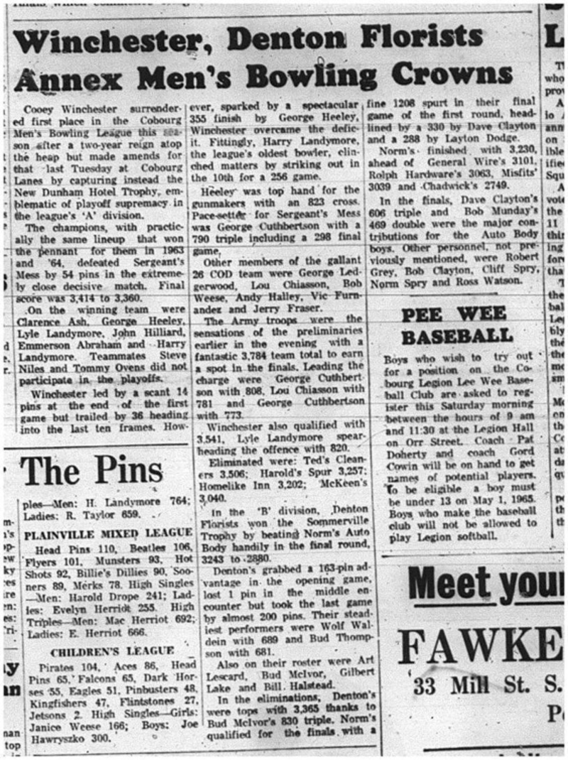 1965-04-07 Bowling - Men - Cobourg Mens Bowling League -New Dunham Hotel Trophy