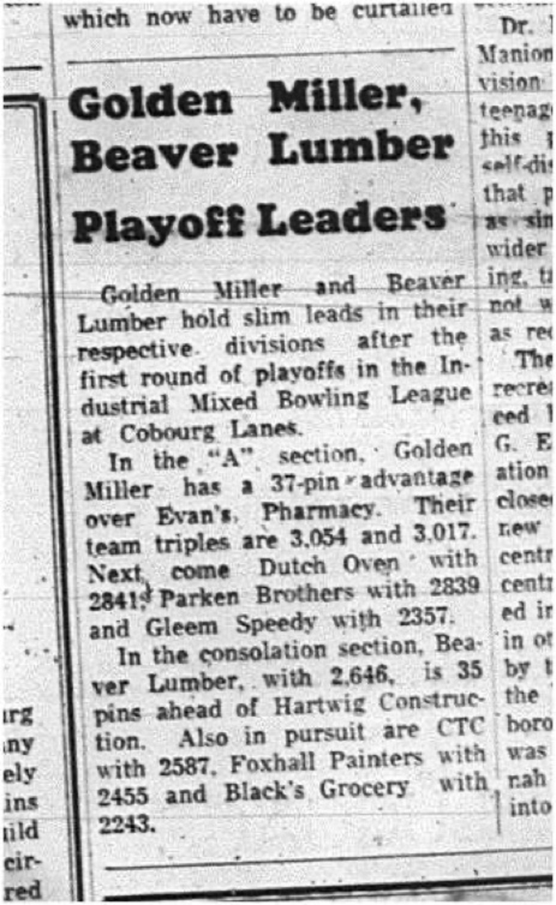 1965-04-14 Bowling - Mixed - Industrial Mixed Bowling League - Cobourg Bowling Lanes