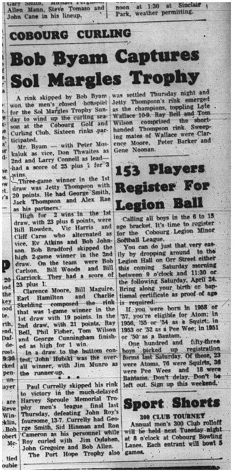 1965-04-14 Curling - Men - Cobourg Golf and Curling Club - Bob Byan - Sol Margles Trophy