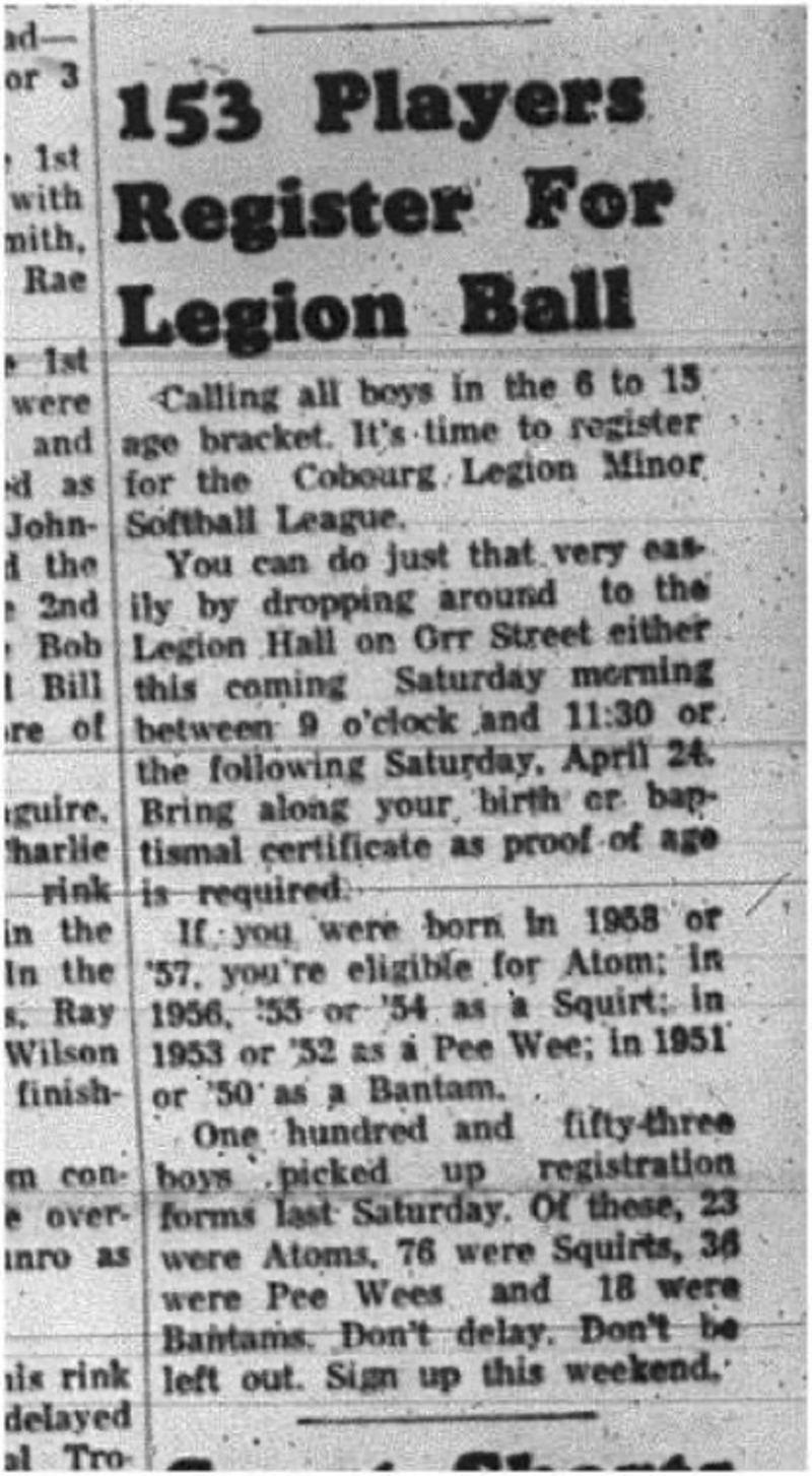 1965-04-14 Softball - Boys - Cobourg Legion Minor Softball League - Player Registration