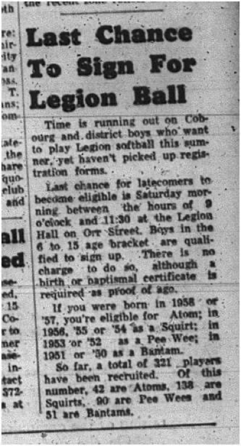 1965-04-21 Softball - Boys - Cobourg Legion Minor Softball League - Sign Up