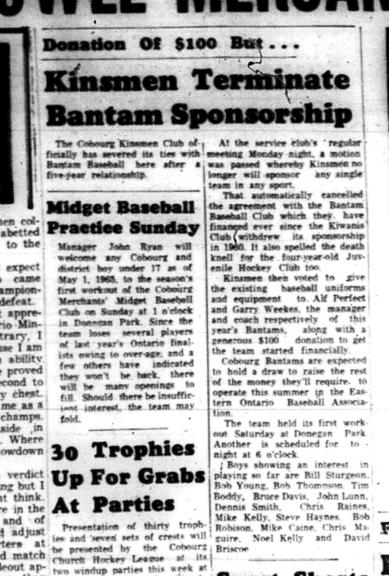 1965-04-28 Baseball - Boys - Cobourg Kinsmen Club - Bantam Baseball