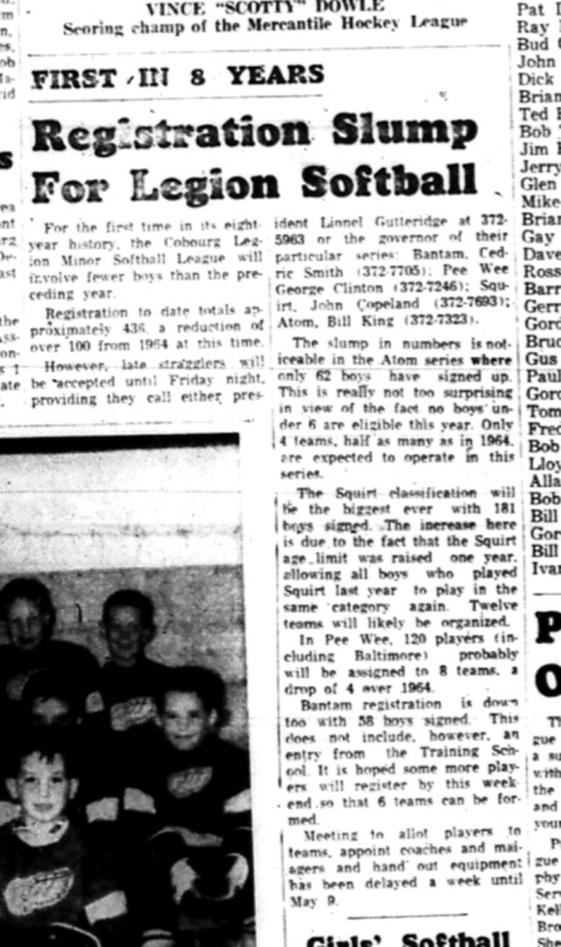 1965-04-28 Softball - Boys - Cobourg Legion Minor Softball League - Registration