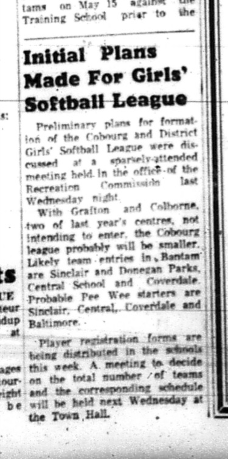 1965-05-05 Softball - Girls - Cobourg and District Girls Softball League - Plans