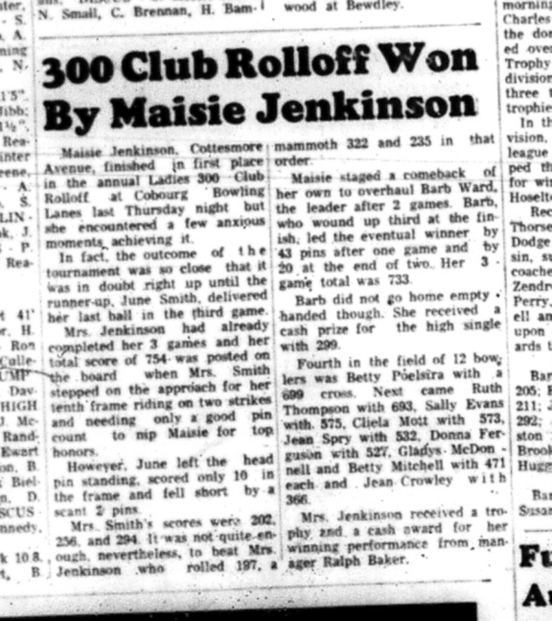 1965-05-12 Bowling - Ladies - Ladies 300 Club Rolloff - Cobourg Bowling Lanes - Maisie Jenkinson