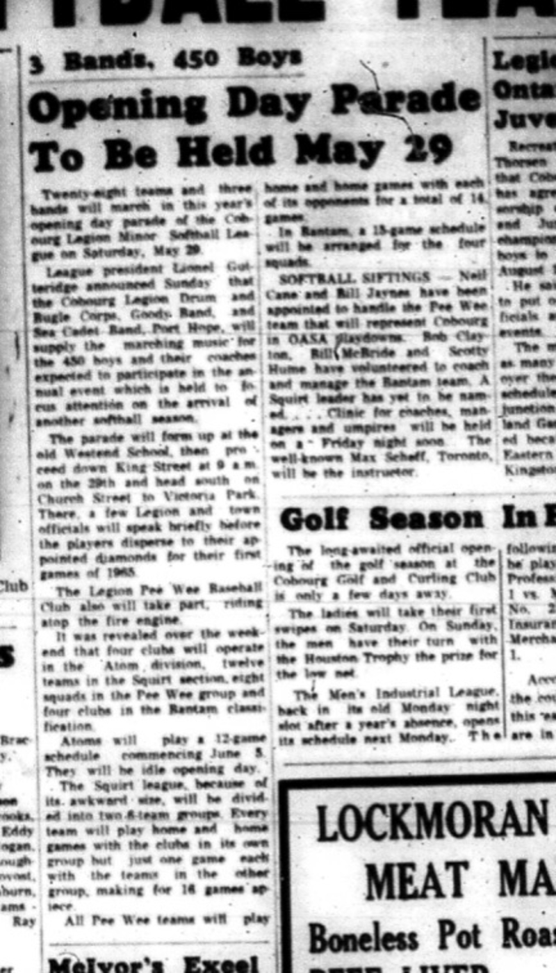 1965-05-12 Softball - Boys - Cobourg Legion Minor Softball League - Opening Day - Parade