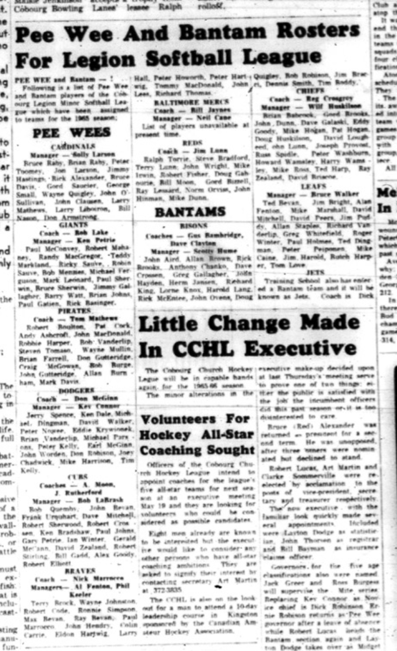 1965-05-12 Softball - Boys - Cobourg Legion Minor Softball League - Peewee - Bantam - Rosters