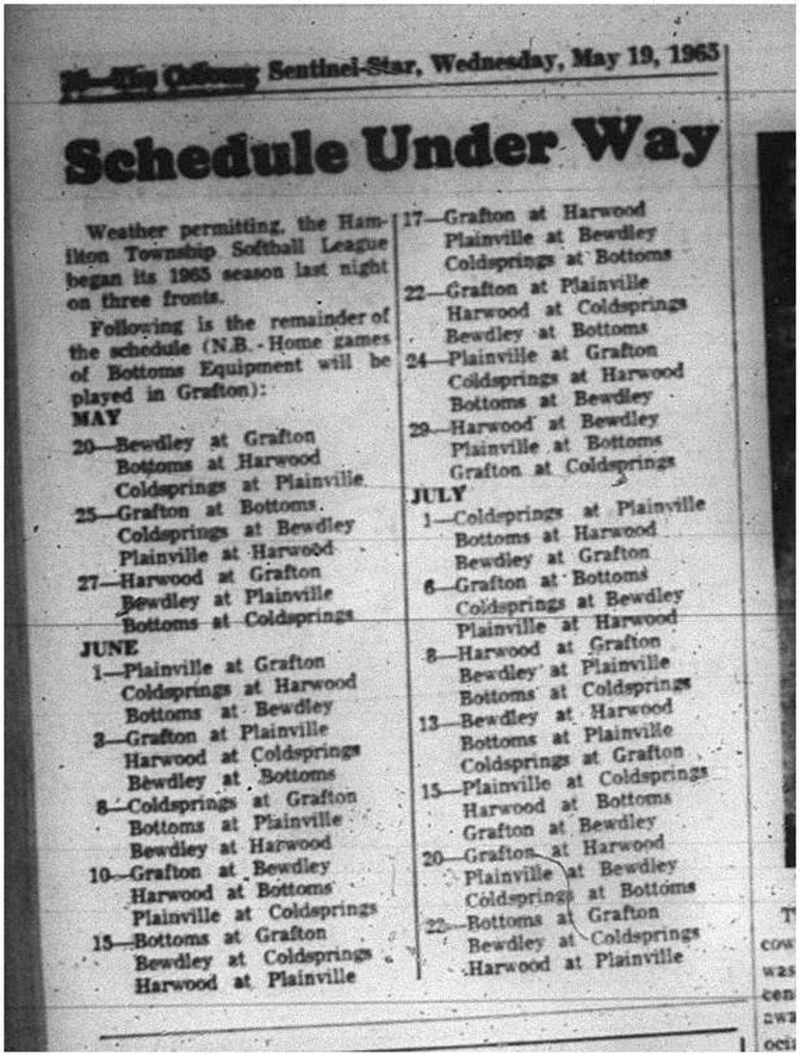 1965-05-19 Softball - Boys - Hamilton Township Softball League - Schedule