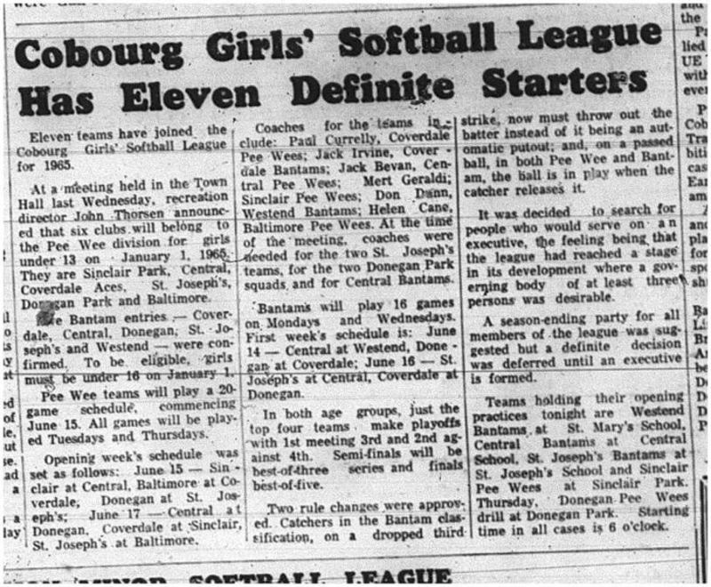 1965-05-19 Softball - Girls - Cobourg Girls Softball League - Starters