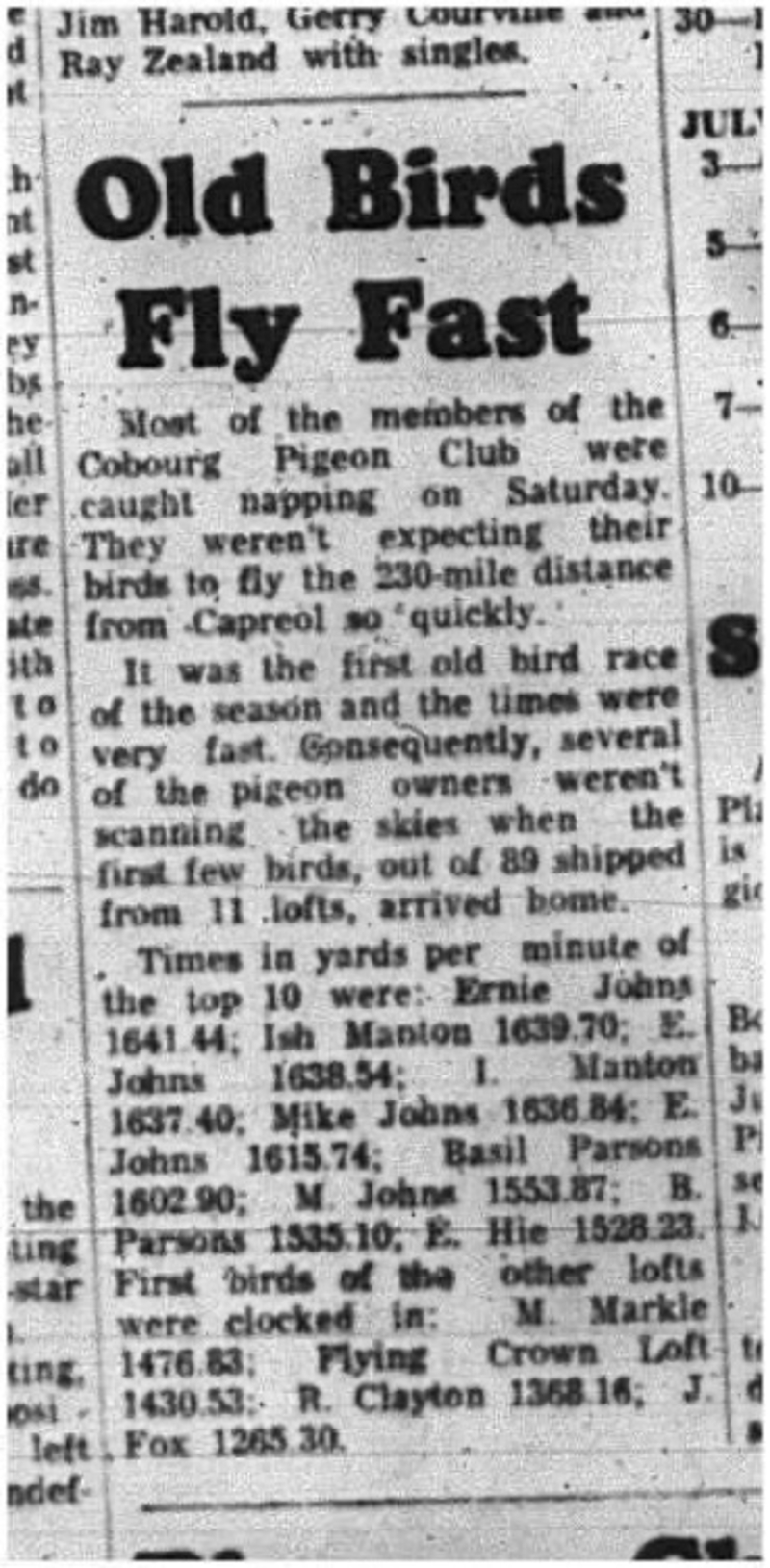 1965-05-26 Pigeon Racing - Men - Cobourg Pigeon Club