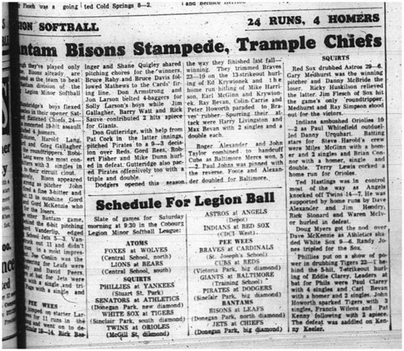 1965-06-02 Softball - Boys - Cobourg Legion Minor Softball League - Bantam Bisons Vs. Chiefs