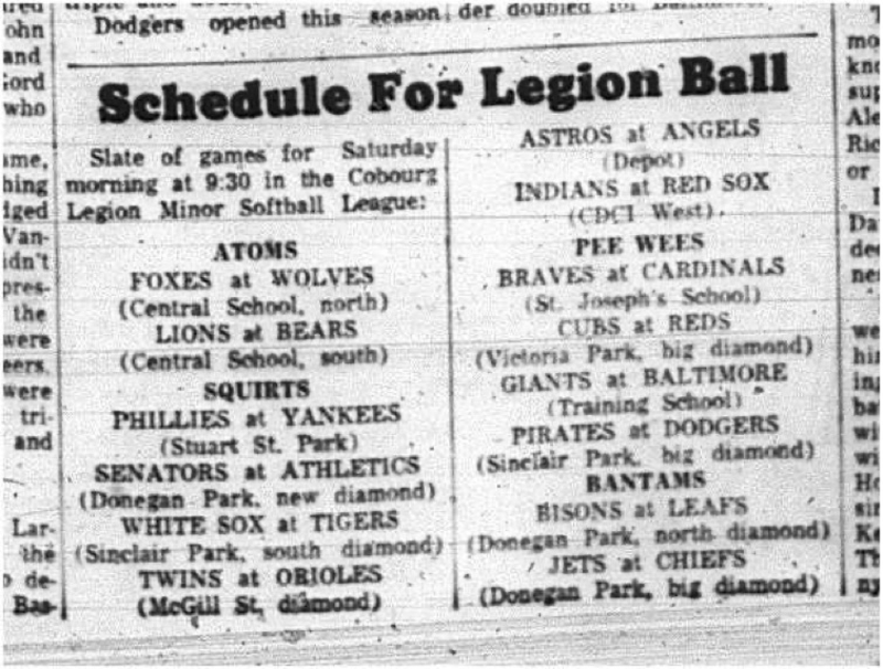 1965-06-02 Softball - Boys - Cobourg Legion Minor Softball League - Schedule