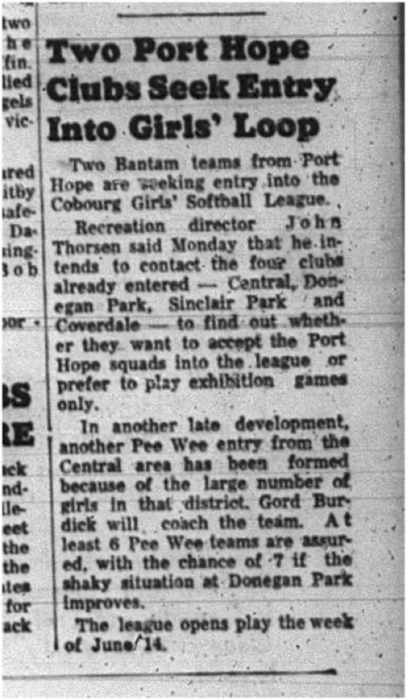 1965-06-02 Softball - Girls - Cobourg Girls Softball League - Port Hope 