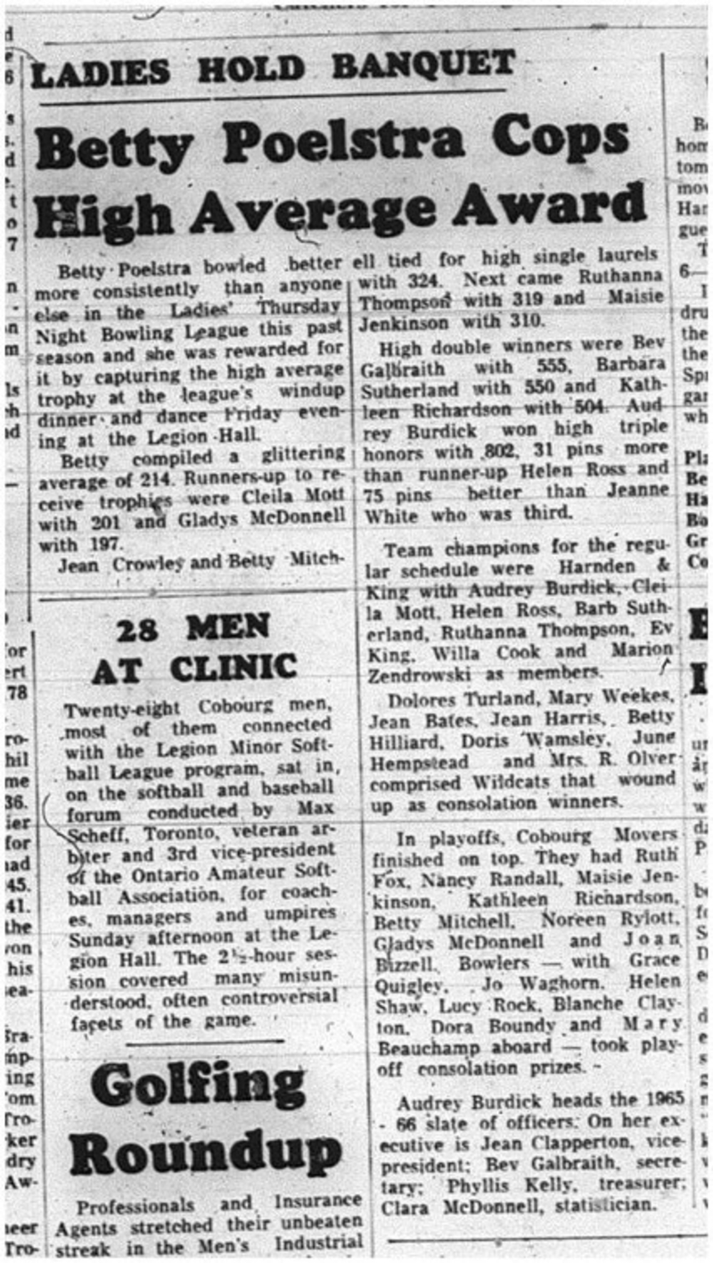 1965-06-09 Bowling - Ladies - Cobourg Ladies Bowling League - Betty Poelstra