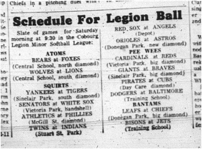 1965-06-09 Softball - Boys - Cobourg Legion Minor Softball League - Schedule