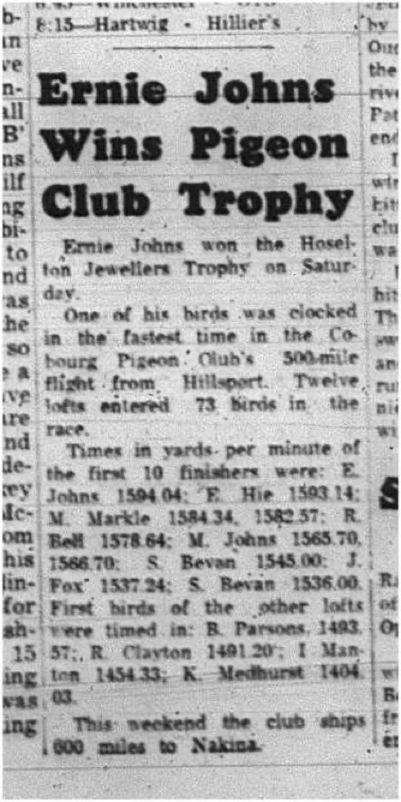 1965-06-16 Pigeon Club - Men - Cobourg Pigeon Club - Ernie Johns - Hoselton Jewellers Trophy