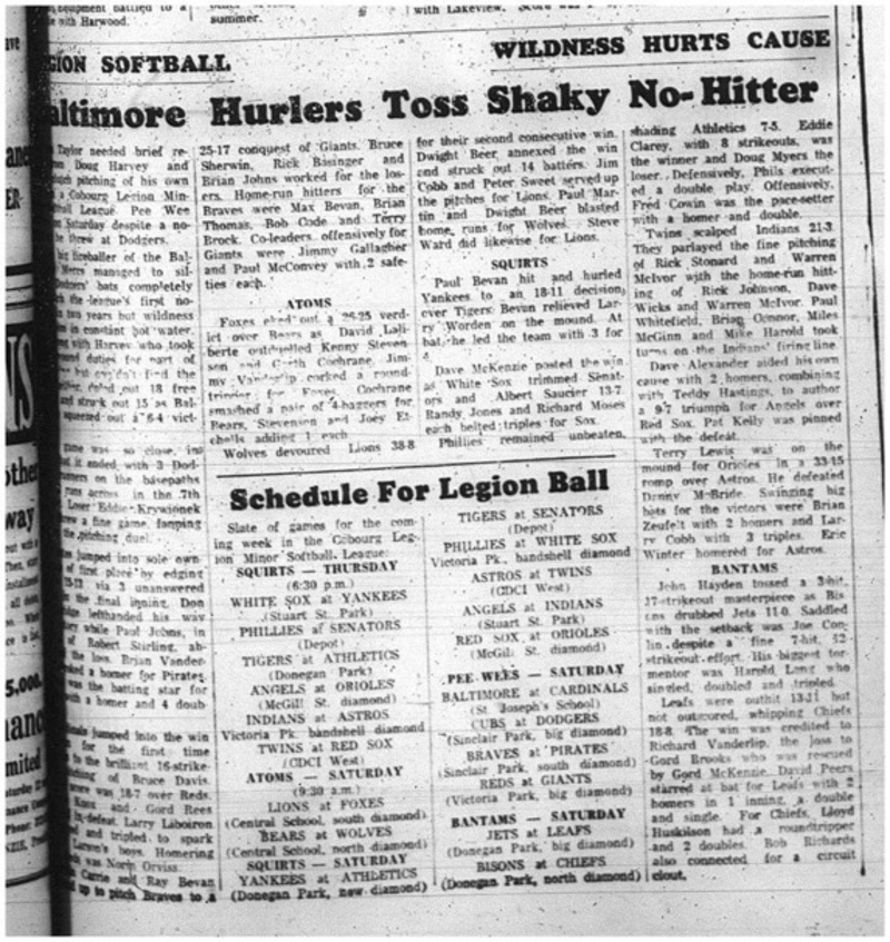 1965-06-16 Softball - Boys - Cobourg Legion Minor Softball League - Baltimore Hurlers