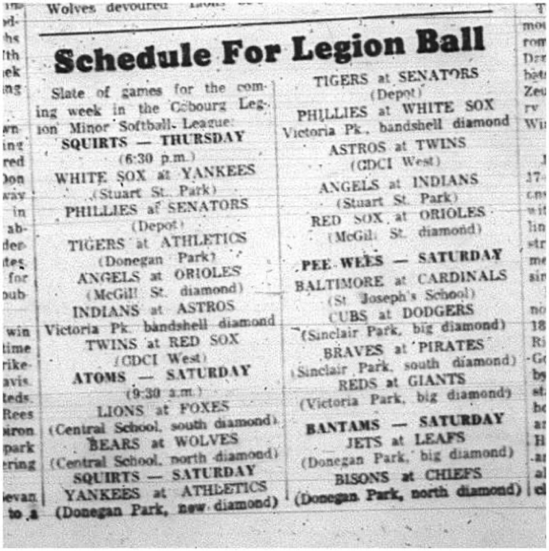 1965-06-16 Softball - Boys - Cobourg Legion Minor Softball League - Schedule