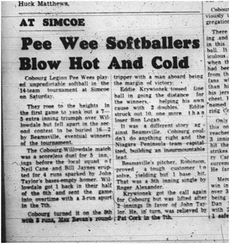 1965-06-30 Softball - Boys - Cobourg Legion Minor Softball League - Peewees Vs. Simcoe