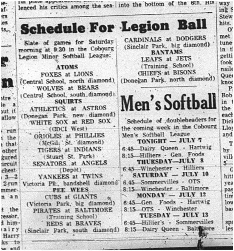1965-07-07 Softball - Boys - Cobourg Legion Minor Softball League -  Schedule