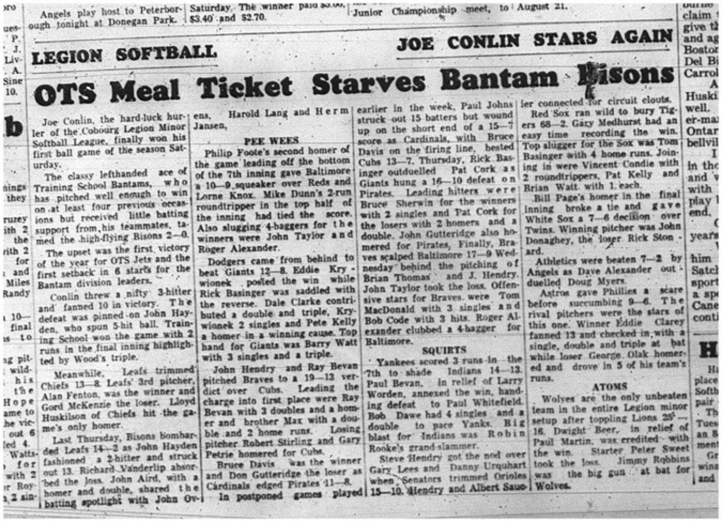 1965-07-07 Softball - Boys - Cobourg Legion Minor Softball League - Bantam Bisions