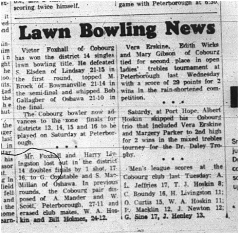 1965-07-14 Lawn Bowling - Mixed - Cobourg Lawn Bowling Club - Victor Foxhall - Ladies Trebles Tournament - Mens League Scores